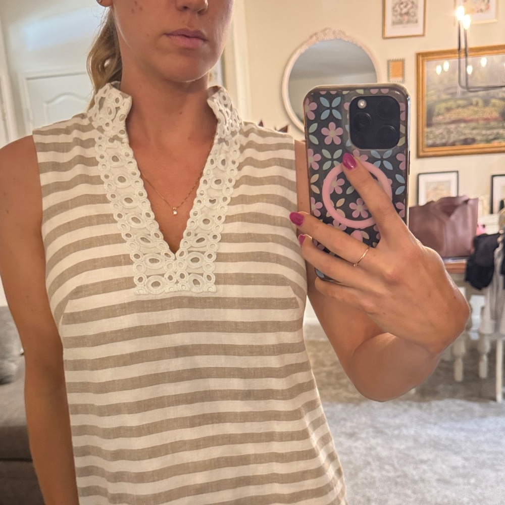 Eliza J Cream and White Striped Crochet-Trim Mini Dress - Picture 3 of 8